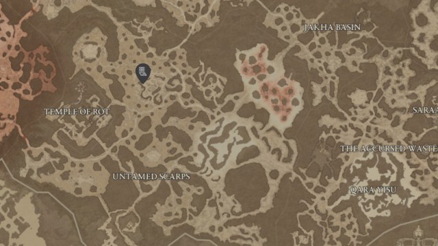 The Cannibal's Hold cellar location in Diablo 4, shown north-east of the Temple of Rot.