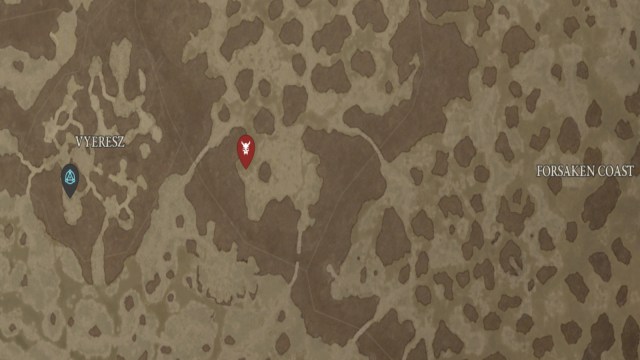 The location of Captain Willcocks shown on the Diablo 4 map, just east of Vyeresz.