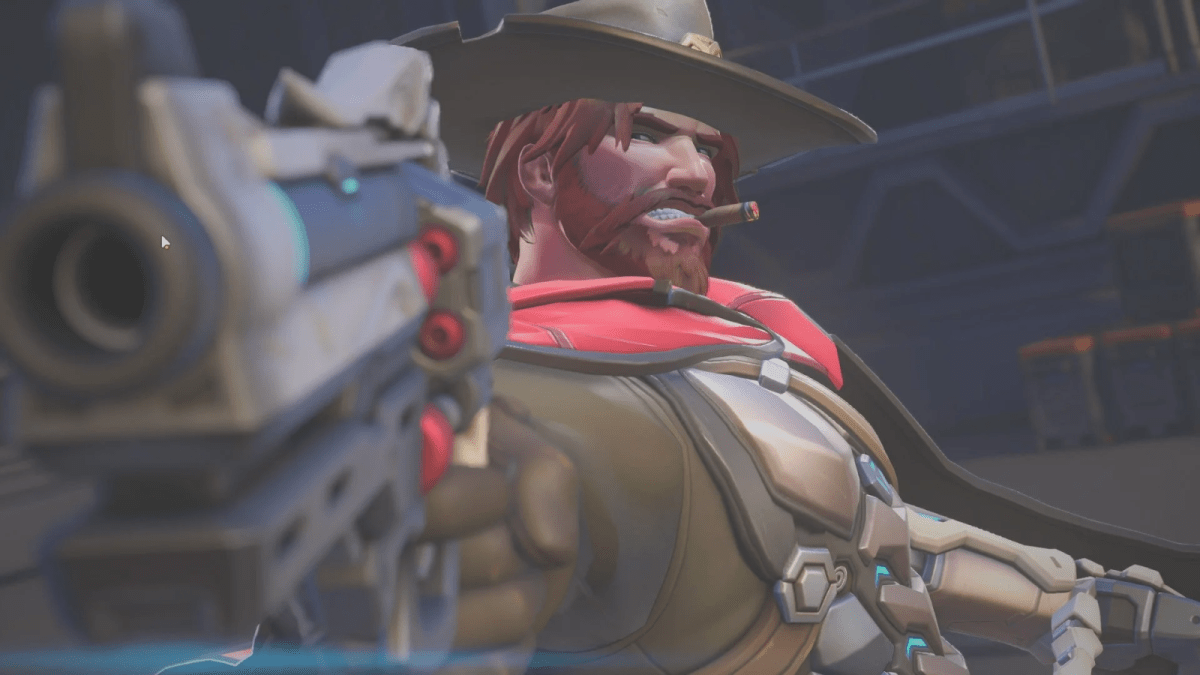 Cassidy aiming his revolver at the camera in Overwatch 2