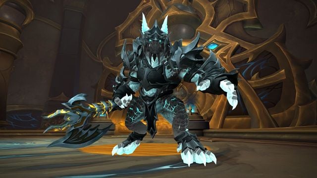 A still image of Chronikar, a boss in the Dawn of the Infinite megadungeon in WoW Dragonflight. Chronikar is blue and white with black scales, featuring the usual and traditional color scheme of the Infinite Dragonflight.