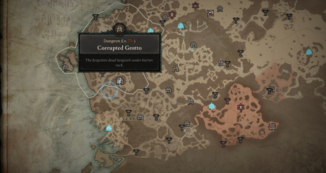 The Kehjistan map showing the location of the Corrupted Grotto in Diablo 4.