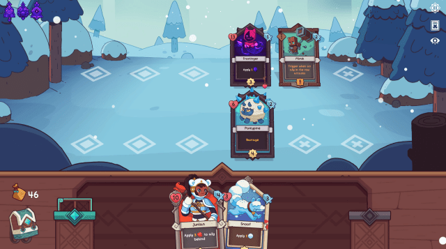 A screenshot from Wildfrost, showing the starting hand. Three cards are on the field