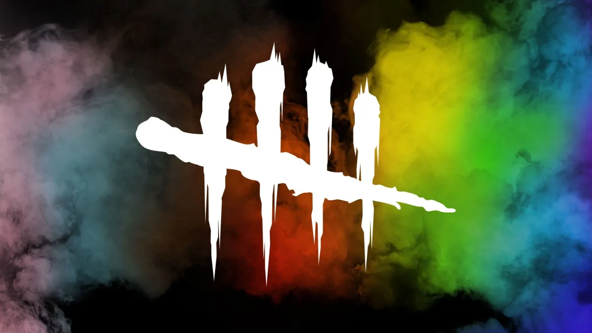 The Dead by Daylight logo in front of colorful smoke celebrating Pride Month.