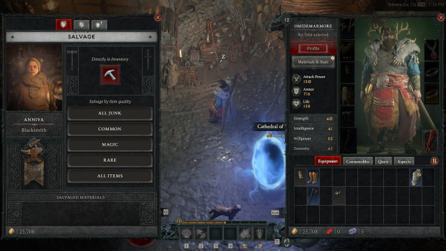 The Blacksmith trading window in Diablo 4 showing the Blacksmith options on the left and the character screen on the right.