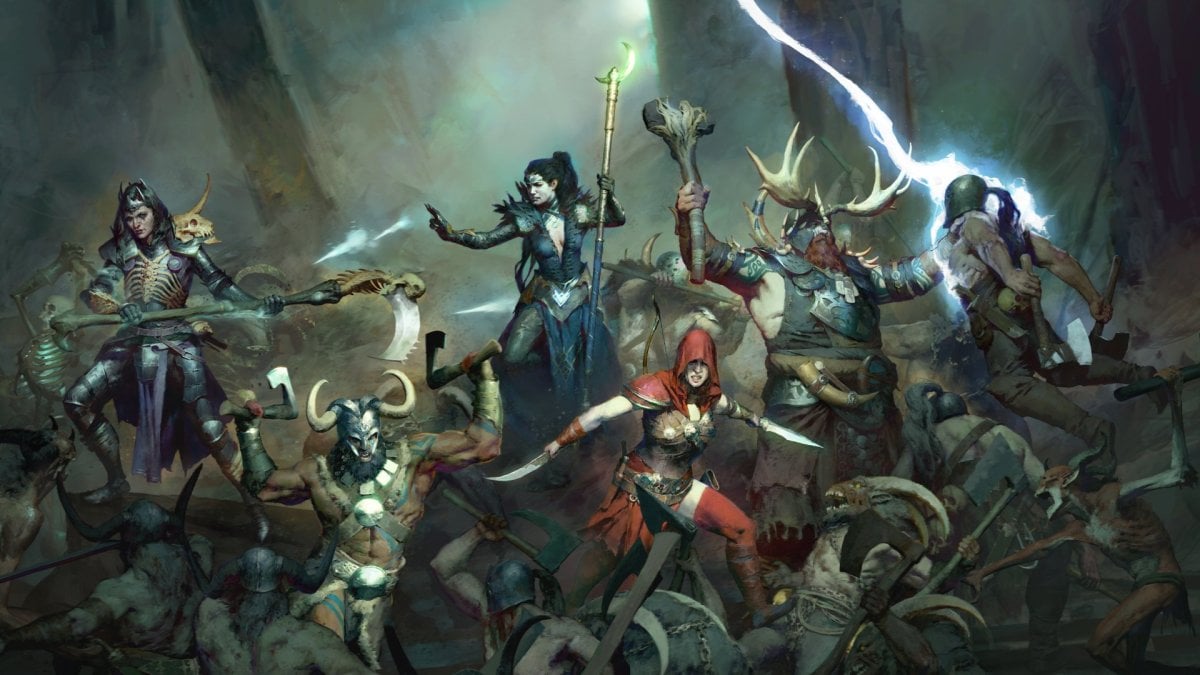 All the five classes of Diablo 4 fighting hoards of enemies together.