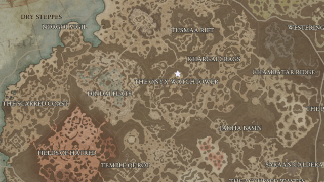 A section of the Diablo 4 map, focused on the Dry Steppes region with the Onyx Hold highlighted by a white star.