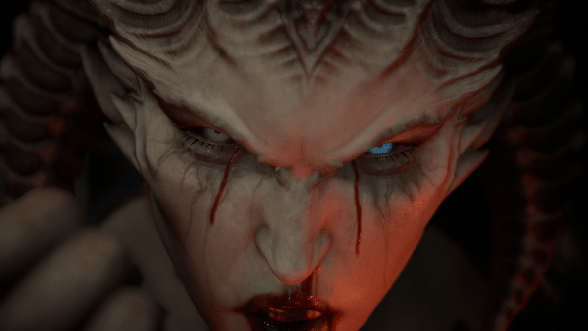 A screenshot Lilith with blood in her eyes in Diablo 4.