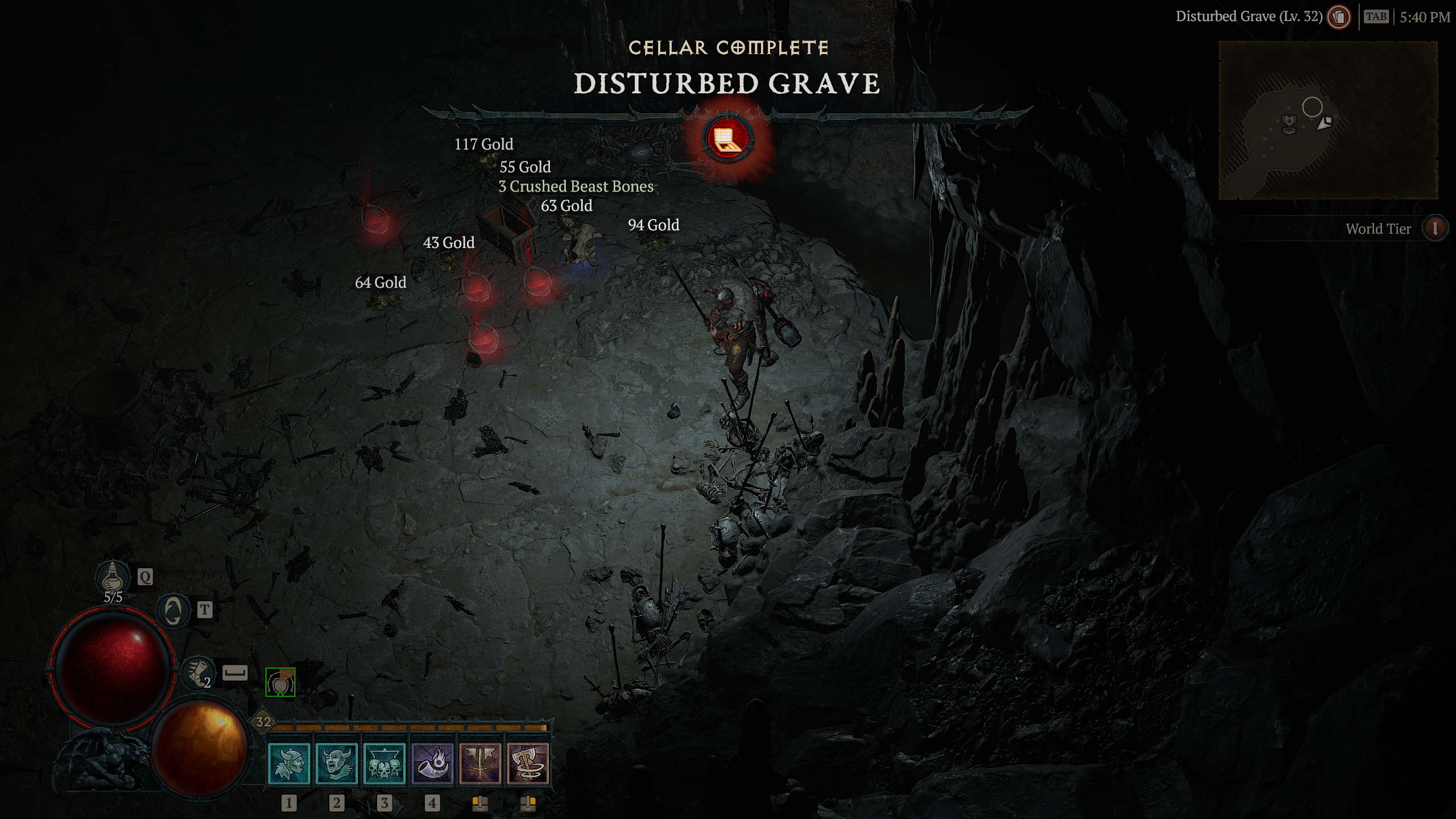 A Diablo 4 image showing three crushed beast bones being dropped in the disturbed grave chest south of Kyovashad