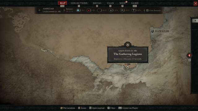 Image of the map in Diablo 4 showing a Legion event.