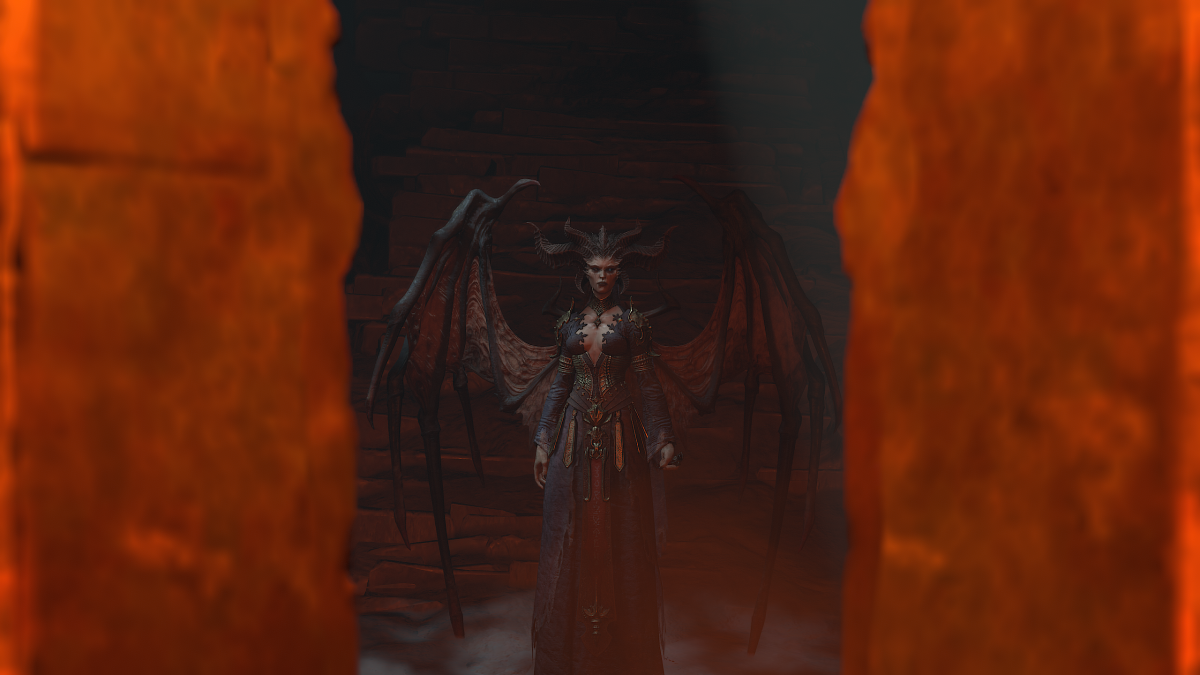 Egy képernyőkép Lilith -ről, aki belép a pokol kapujába a Diablo 4 -ben