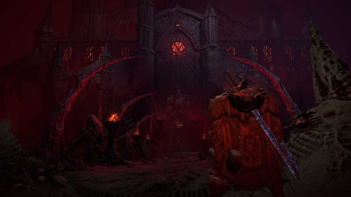 A screenshot of Hell in Diablo 4 showing red, spiky-like figures with a steel door.