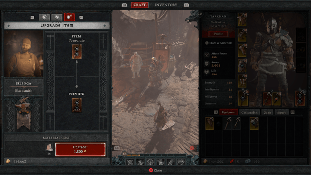 Image of the Blacksmith's Upgrade menu in Diablo 4.