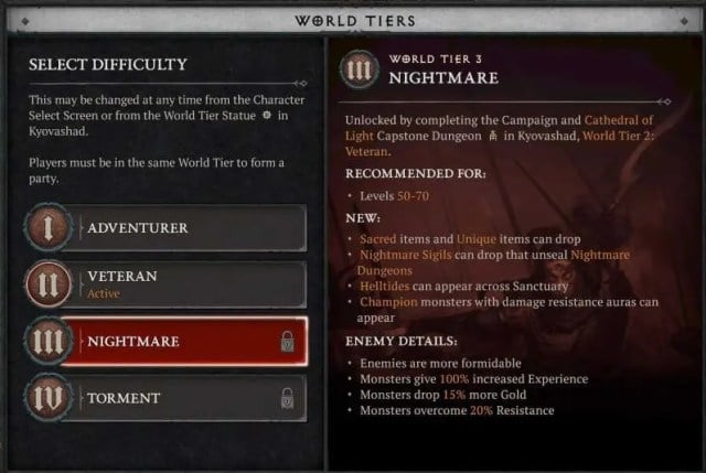 The World Tier selection screen on Diablo 4, highlighting the Nightmare difficulty.