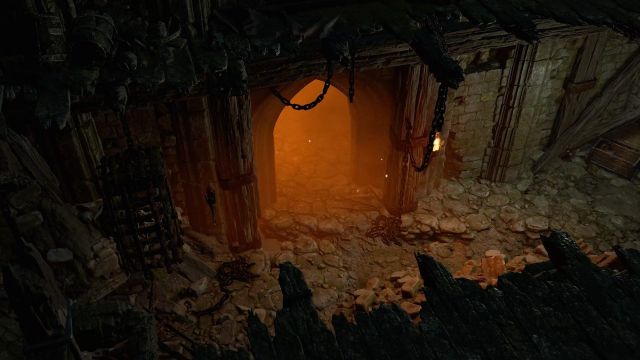 An eerie glowing dungeon entrance in Diablo 4.