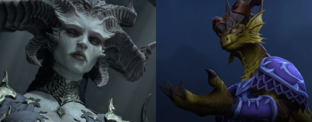 A spliced image with Lilith from Diablo 4 on the left, and Scalecommander Sarkareth from WoW on the right.