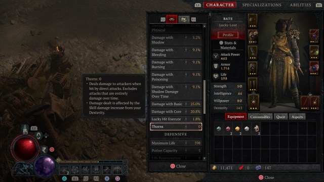 The Thorns stats in a character profil