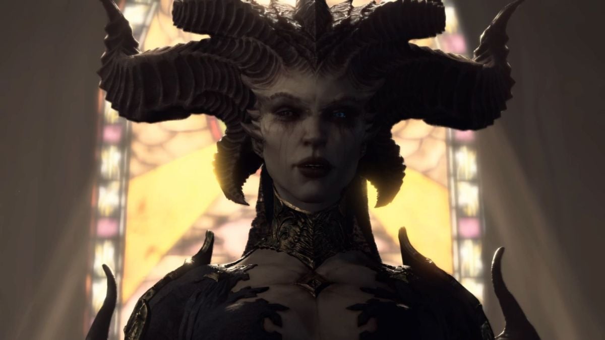 Lilith from Diablo 4 looking at the camera menacingly, her horns on full display