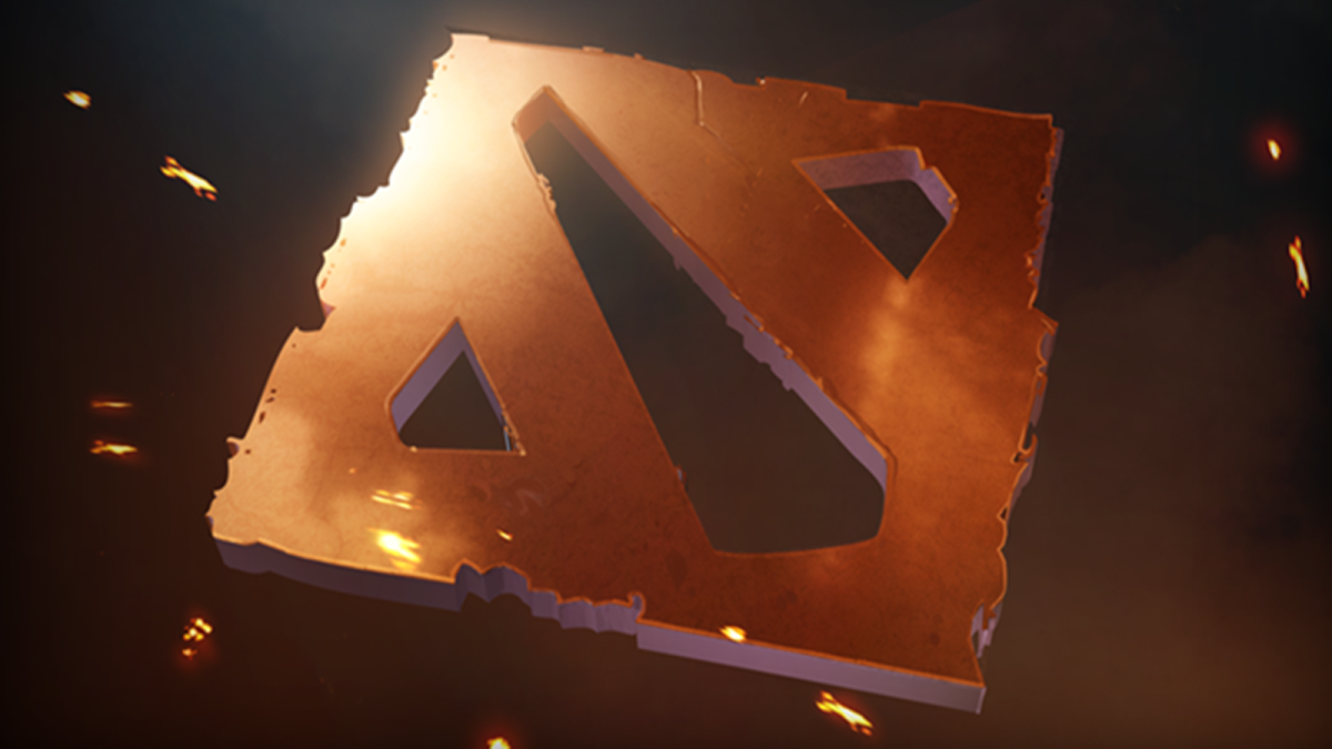 The Dota 2 logo bathed in light and embers of flame.