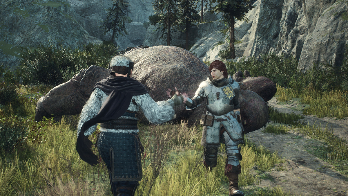The player Arisen shaking hands with an NPC party member after defeating a beast.