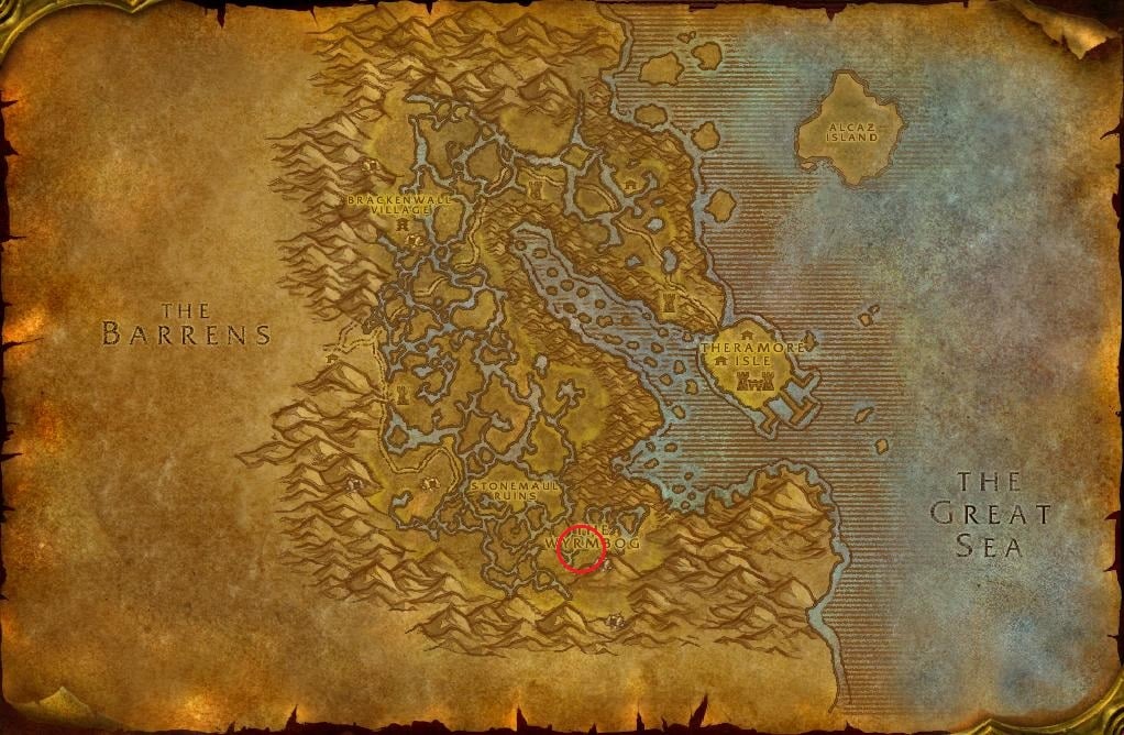 Map of Dustwallow Marsh showing location of Onyxia's Lair.