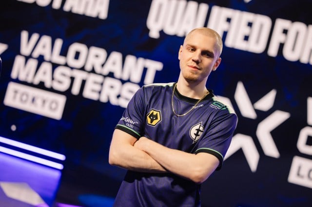 Evil Geniuses VALORANT player Demon1 poses on stage after the team qualifies for Masters Tokyo.