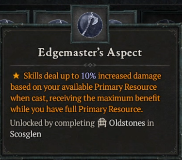 A screenshot of the in-game description of the Edgemaster's Aspect.