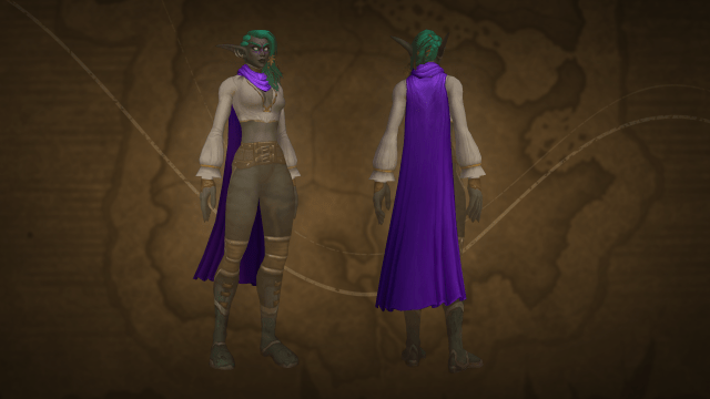 Elf wearing Ensemble: Wanderer’s Violet Trappings
