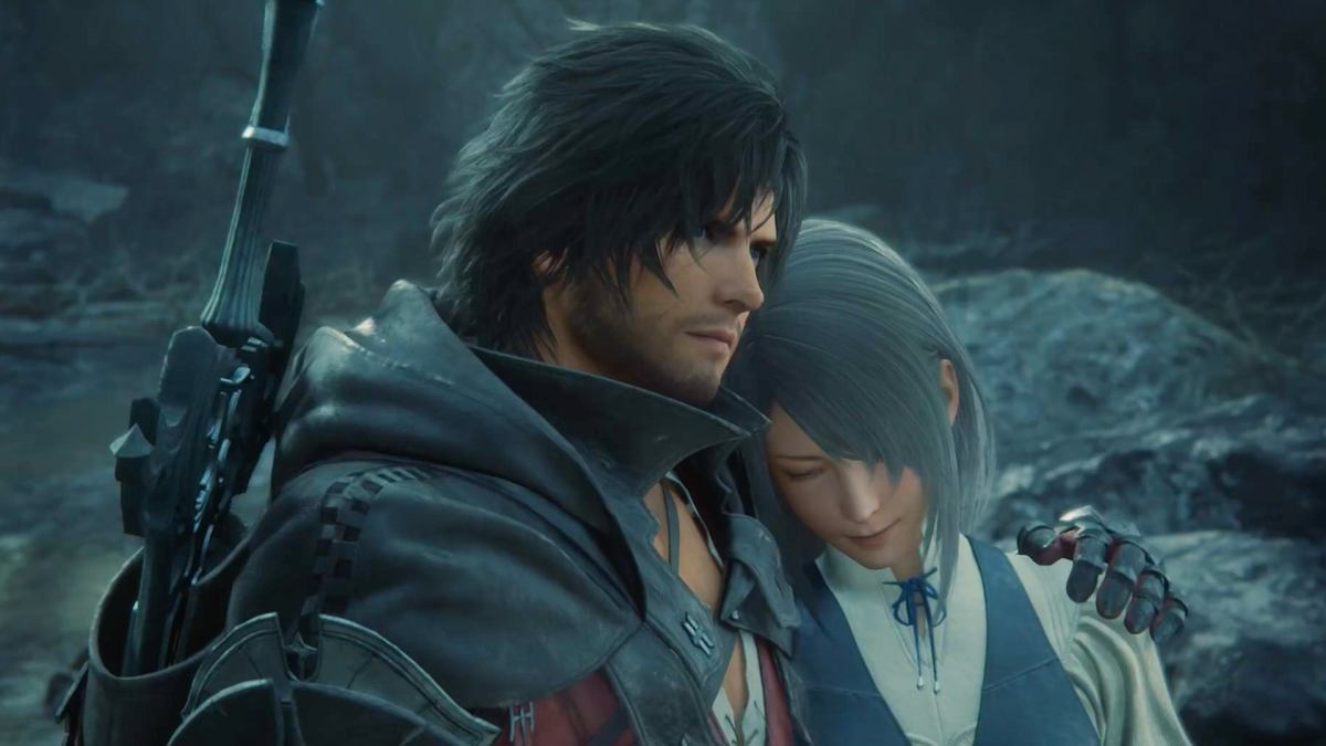 A screenshot of Clive hugging Jill in Final Fantasy 16