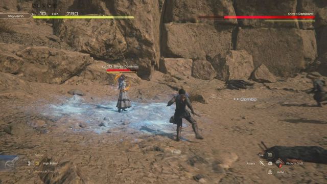 Clive evading Shiva's area-of-effect attack in Final Fantasy 16