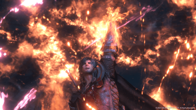 A screenshot of Final Fantasy 16 protagonist Clive engulfed in fire.