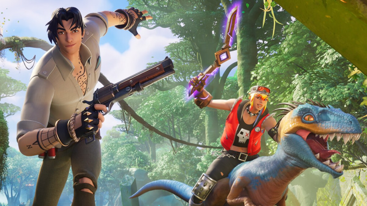 Two Fortnite characters running around in a forest, with one mounted on a raptor.