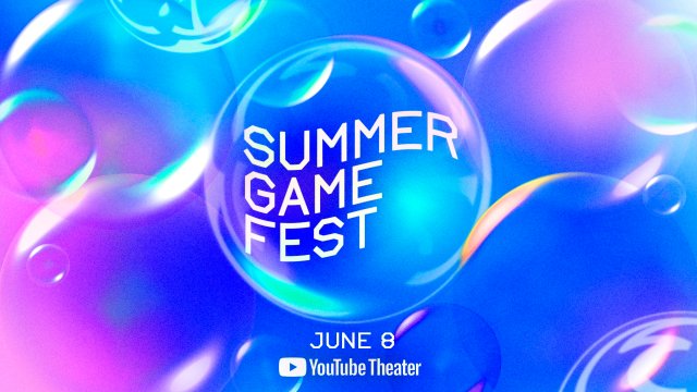 Text saying 'Summer Game Fest' on top of a background of blue and pink bubbles. Below, it says 'June 8, YouTube Theatre'