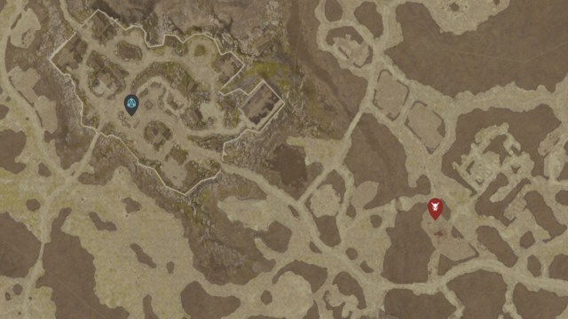 The location of Garbhan Ennai shown on the Diablo 4 map, southeast of the Cerrigar waypoint.