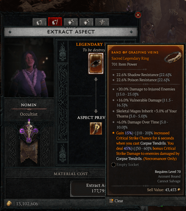 An Occultist menu showing the extraction of an Aspect of Grasping Veins in Diablo 4.