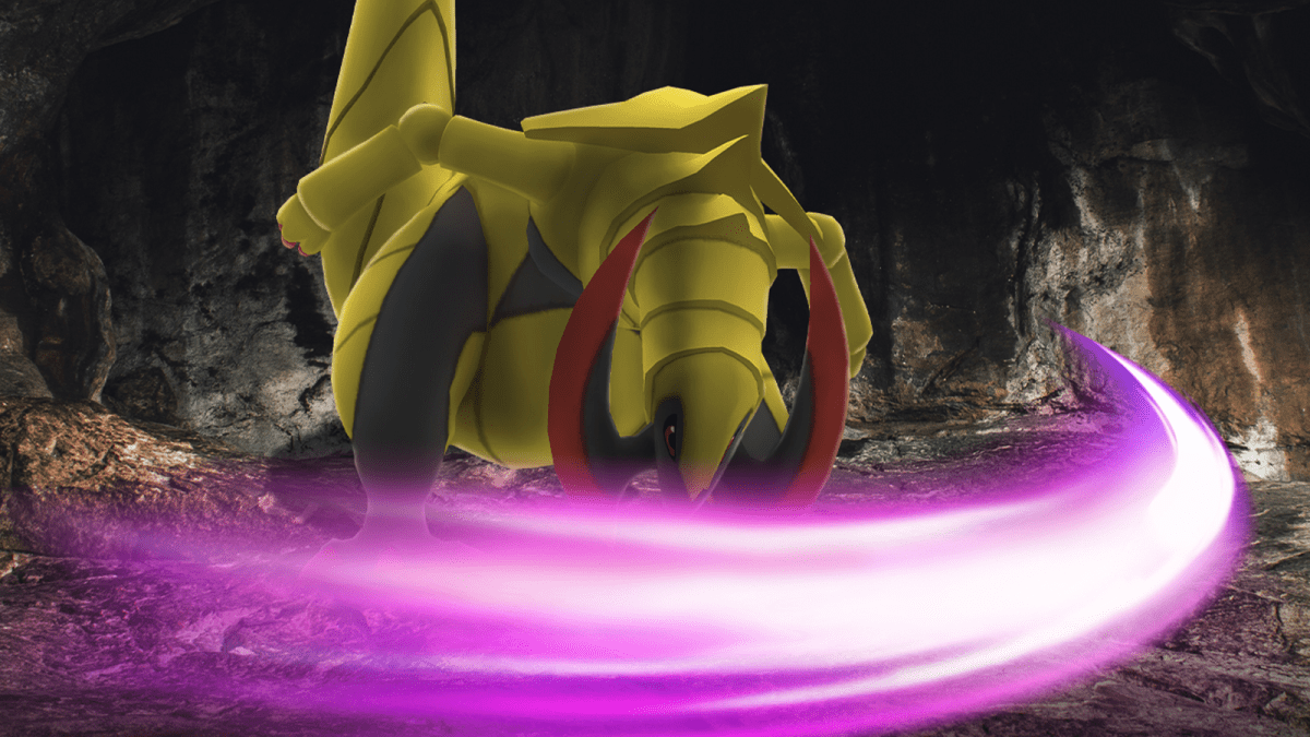 Haxorus using Breaking Swipe in a Pokemon Go promo.