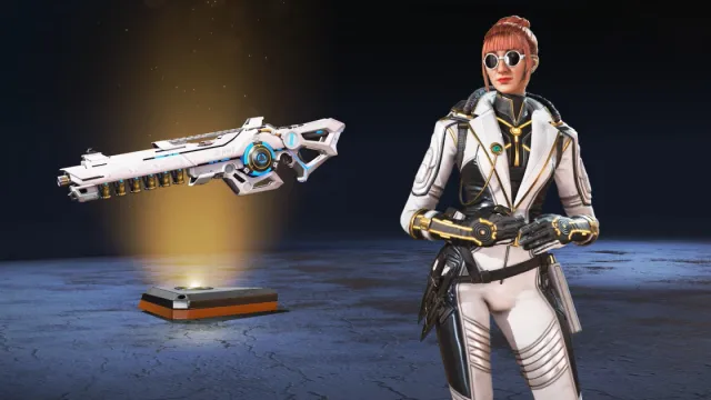 Legendary Horizon and Nemesis skins. Horizon is in a dressed-up jumpsuit of white, black, and gold, with sunglasses and bright red lipstick.