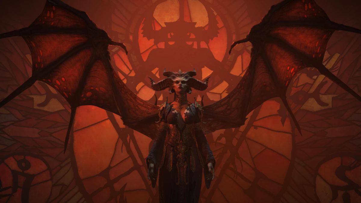 Diablo 4's Lillth spreads her wings in a menacing way.