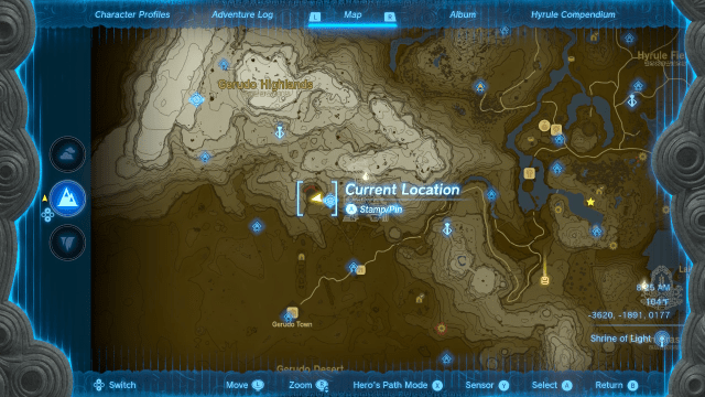 A map of Hyrule showing a red chasm in the middle of the Gerudo Highlands and the Gerudo Desert.
