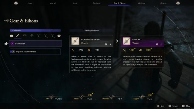 Final fantasy 16 weapons menu showing the braveheart sword