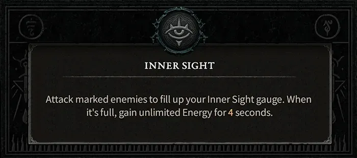 The Inner Sight Rogue specialization in Diablo 4, which reads: "Attacked marked enemies to fill up your Inner Sight gauge. When it's full, gain unlimited Energy for four seconds."