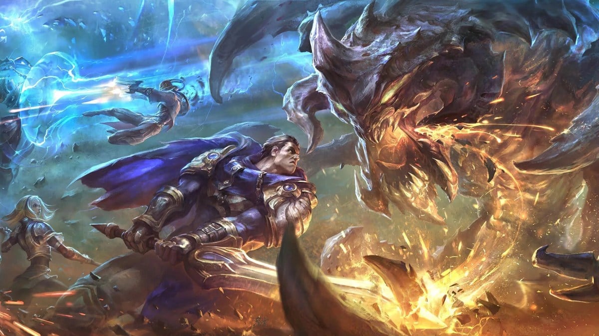 Garen fighting Cho'Gath, with Lucian, Xerath and Lux in the back.