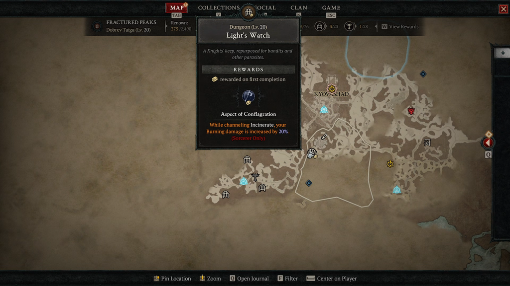 The location of the Light's Watch dungeon as shown on the Diablo 4 map.