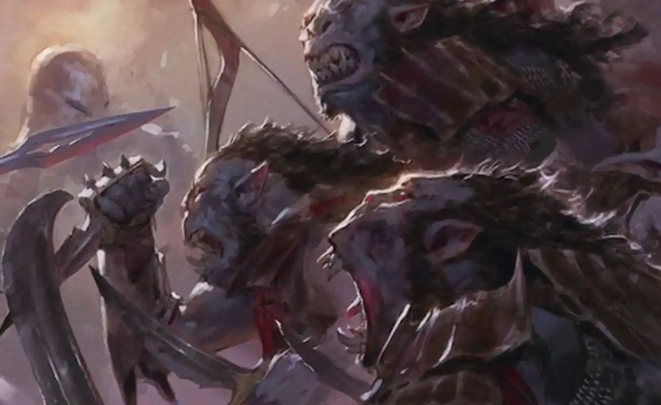 Orcs Bowmasters prepare to charge forward in the Lord of the Rings card art for Magic: The Gathering.