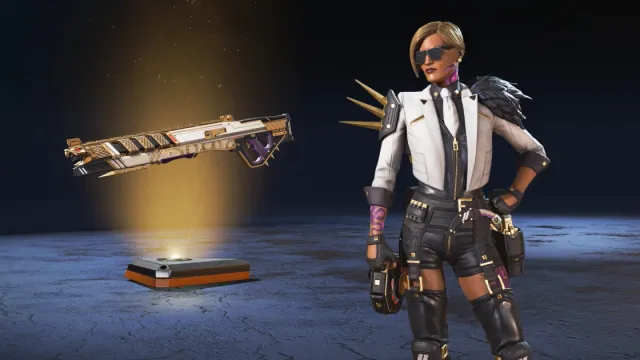 Legendary Mad Maggie and Mastiff skins from Apex Legends' Dressed to Kill event. Maggie gets a shirt, tie, black leather jumpsuit, and a white blazer adorned with her trademark pauldrons.