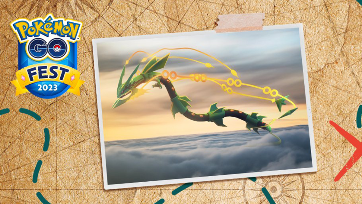 Mega Rayquaza soaring on a map for Pokemon Go Fest 2023.