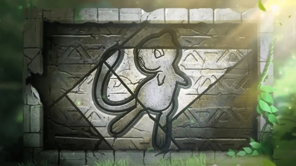 Mew depicted by a stone tablet for a Pokemon UNITE event.