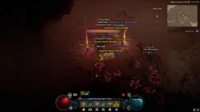 An image showing the contents of a Mystery Treasure Chest in Diablo 4, including two Legendaries and three Rare drops.