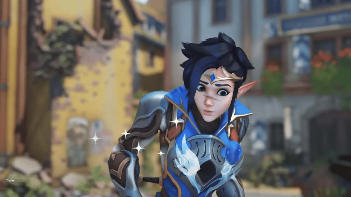 Tracer in the blue colorway of her Mythic Adventurer skin with light armor and a tiara.