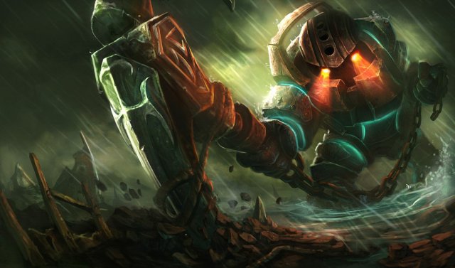 The splash art for Nautilus, where the armored champion throws his massive hook towards the foreground.