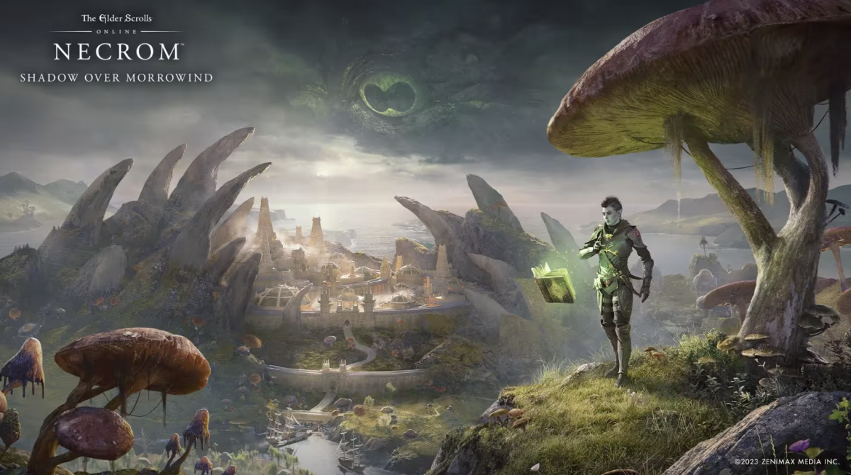 A landscape shot of ESO's Telvanni Peninsula and a Dark Elf holding a glowing, green book.